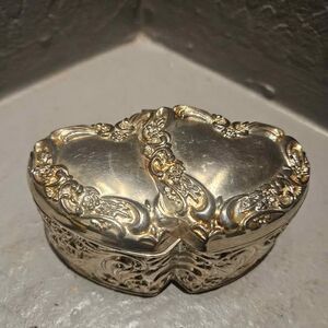 Antique Silver Plate Jewelry Trinket Box Double Heart Hinged 4" x 3"